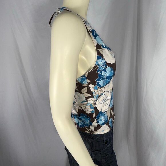 SO Y2K Brown Blue Floral Halter Top Women’s Size Large Retro 2000s Stretch Knit - Picture 5 of 12